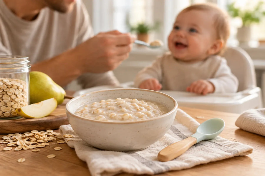Hjemmelaget havregrøt til baby i skål med skje – hvordan lage havregrøt til baby, enkel oppskrift, alder for start, konsistens og tips når baby spiser selv