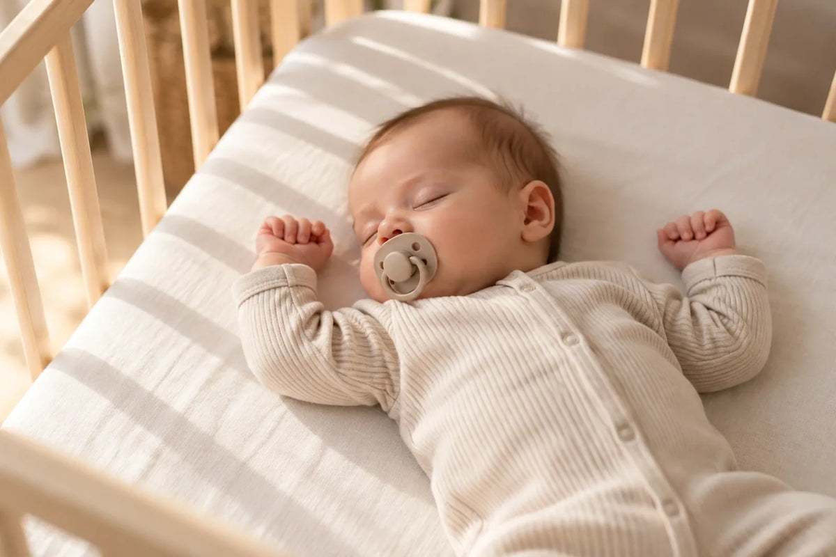 Baby sover rolig med narresmokk i munnen – hjelper narresmokk baby med å sove, trygg bruk om natten, SIDS-råd, hygiene og når du bør fase ut smokken